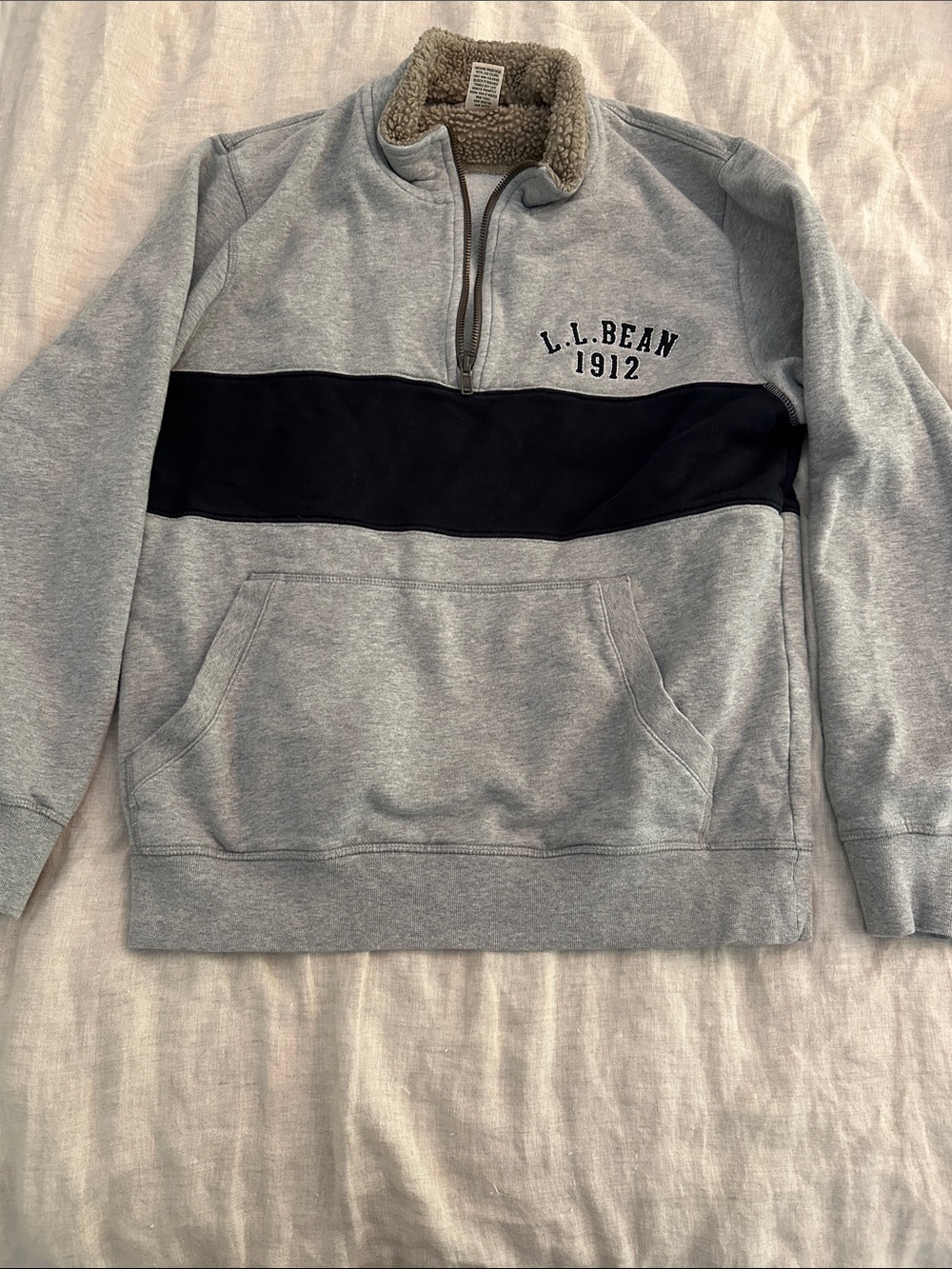 L.L. Bean Light Gray and Navy Quarter-Zip Pullover Sweater